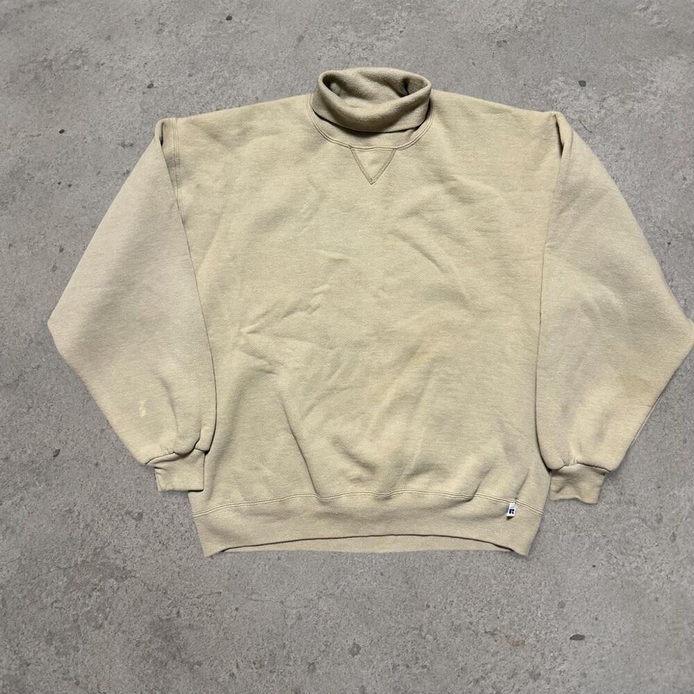 Vintage 1990s Russell Athletic Turtleneck Sweatshirt Tan Mens Large